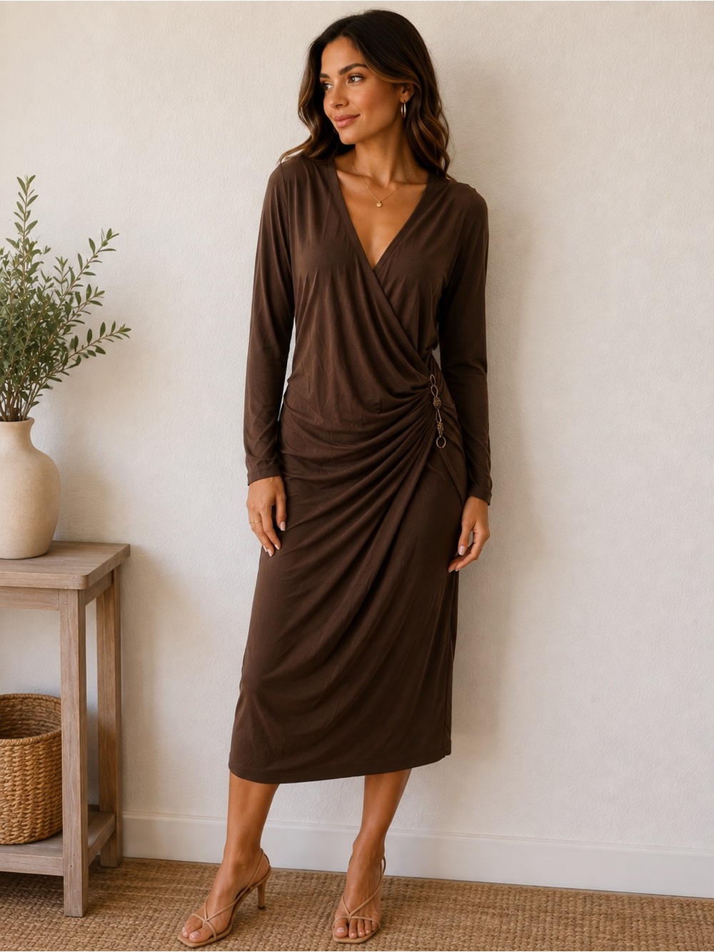 Jennifer Lopez Brown Long-Sleeve Wrap Midi Dress with Side Ring Detail